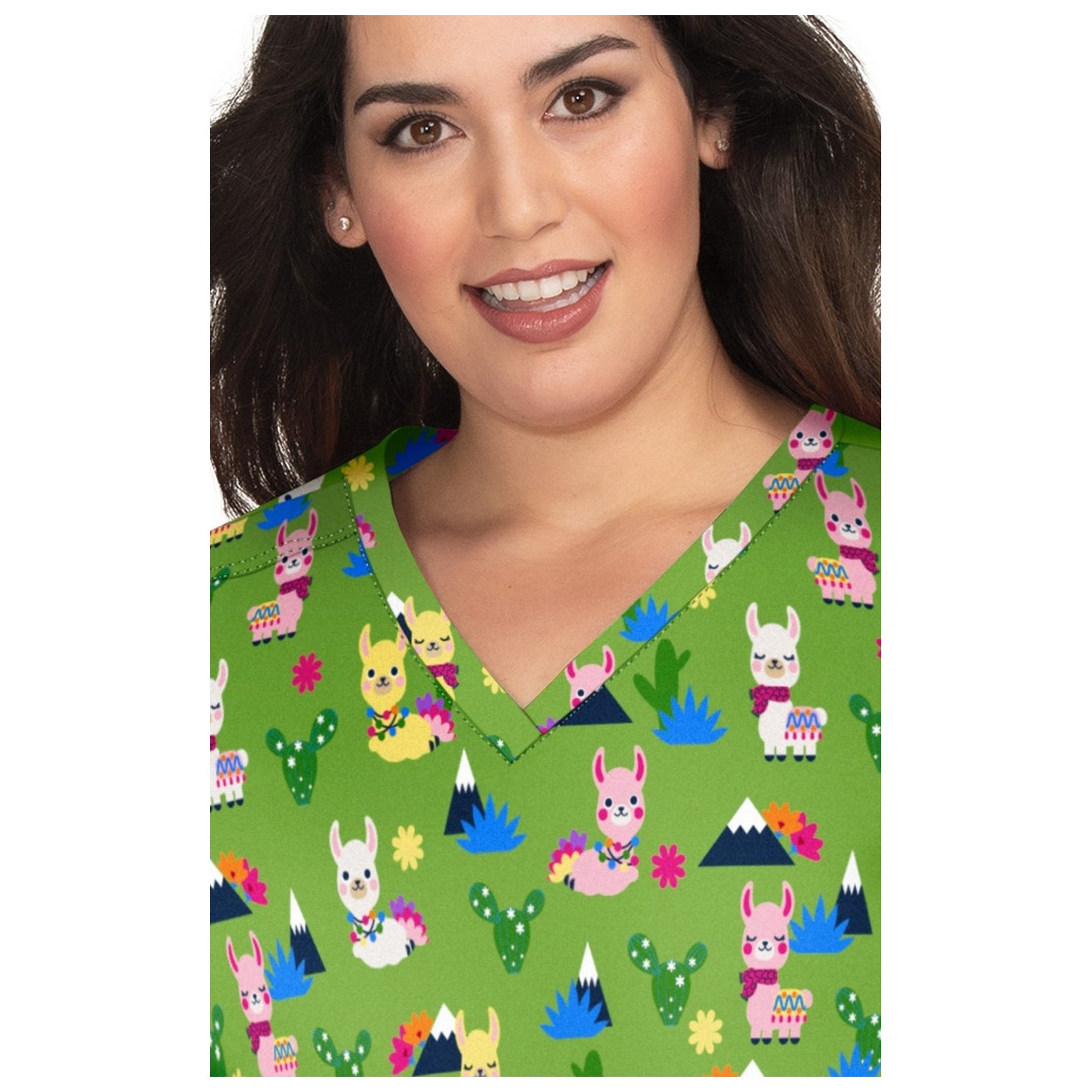 F101PR French Bull by koi Doll V-Neck Print Scrub Top - Spring Llama