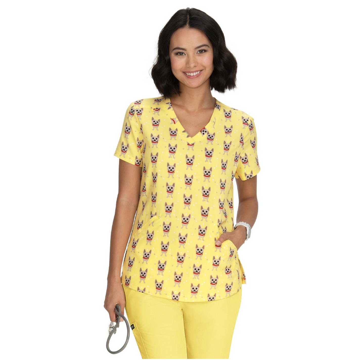 F101PR French Bull by koi Doll V-Neck Print Scrub Top - Frenchie