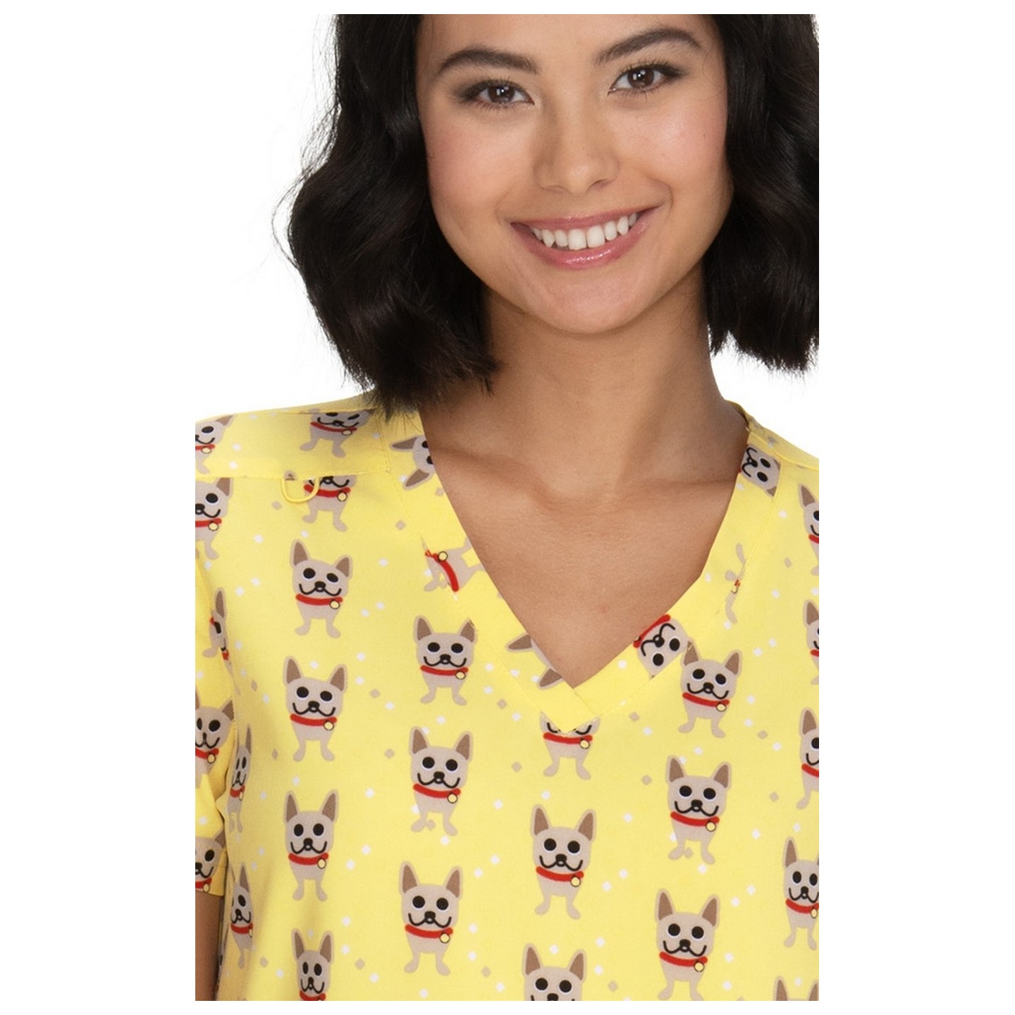 F101PR French Bull by koi Doll V-Neck Print Scrub Top - Frenchie