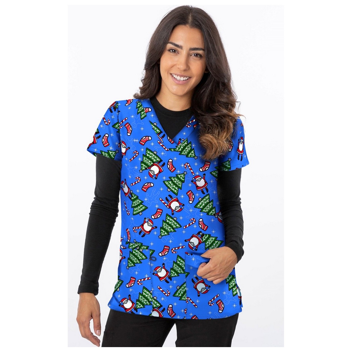 *FINAL SALE 1564RY – Santa Hurry Down The Tree Print Scrub Top  by Greentown