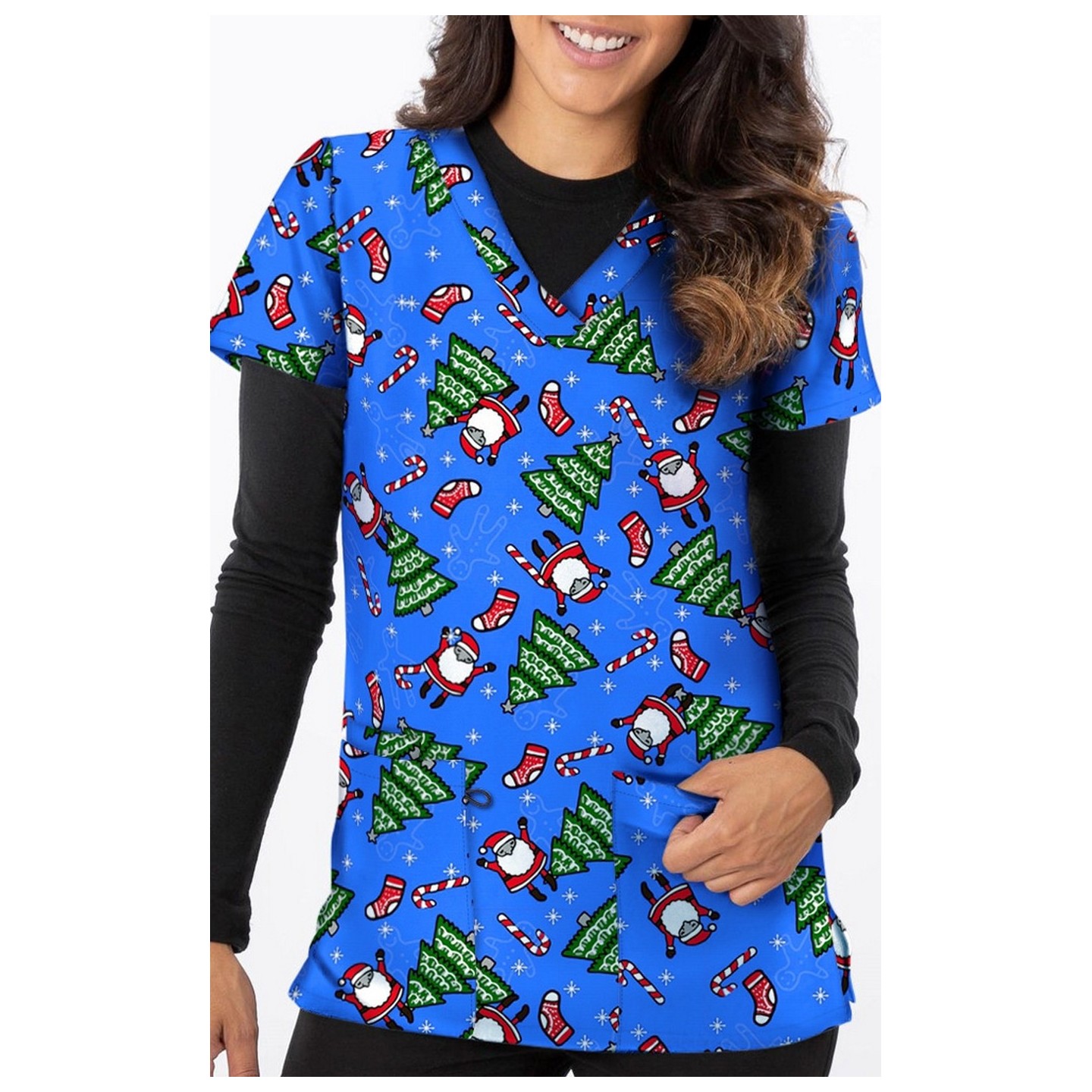 *FINAL SALE 1564RY – Santa Hurry Down The Tree Print Scrub Top  by Greentown