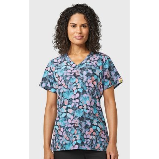 6357 WonderWink V-Neck Welt Pocket Print Top - Oshibana