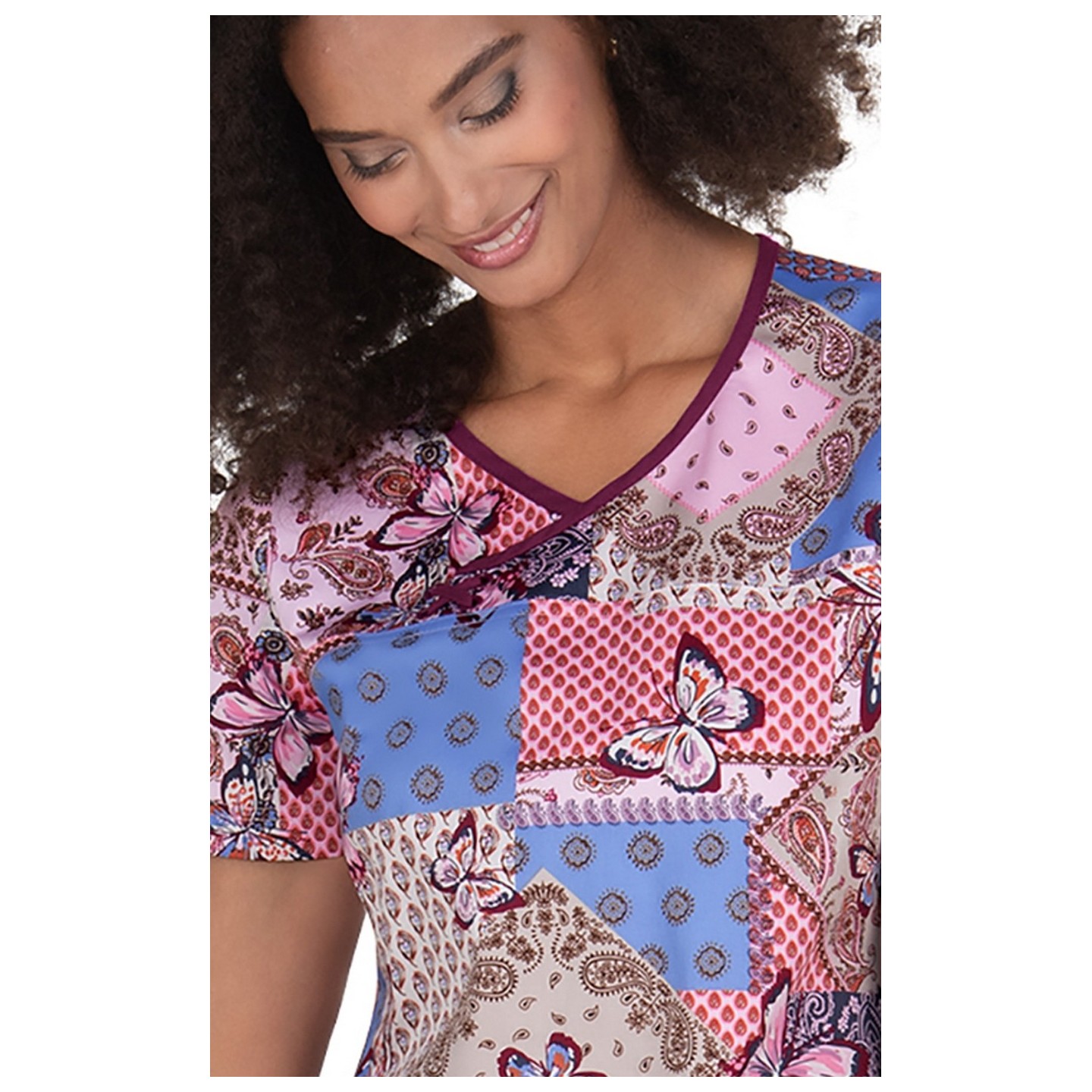 1090PR koi Stretch Hali Contrast Mock Wrap Print Top - Mariposa Bandana