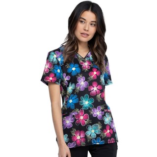 *FINAL SALE CK634 V-Neck Print Top in Digital Daisy - Cherokee Infinity - Antimicrobial