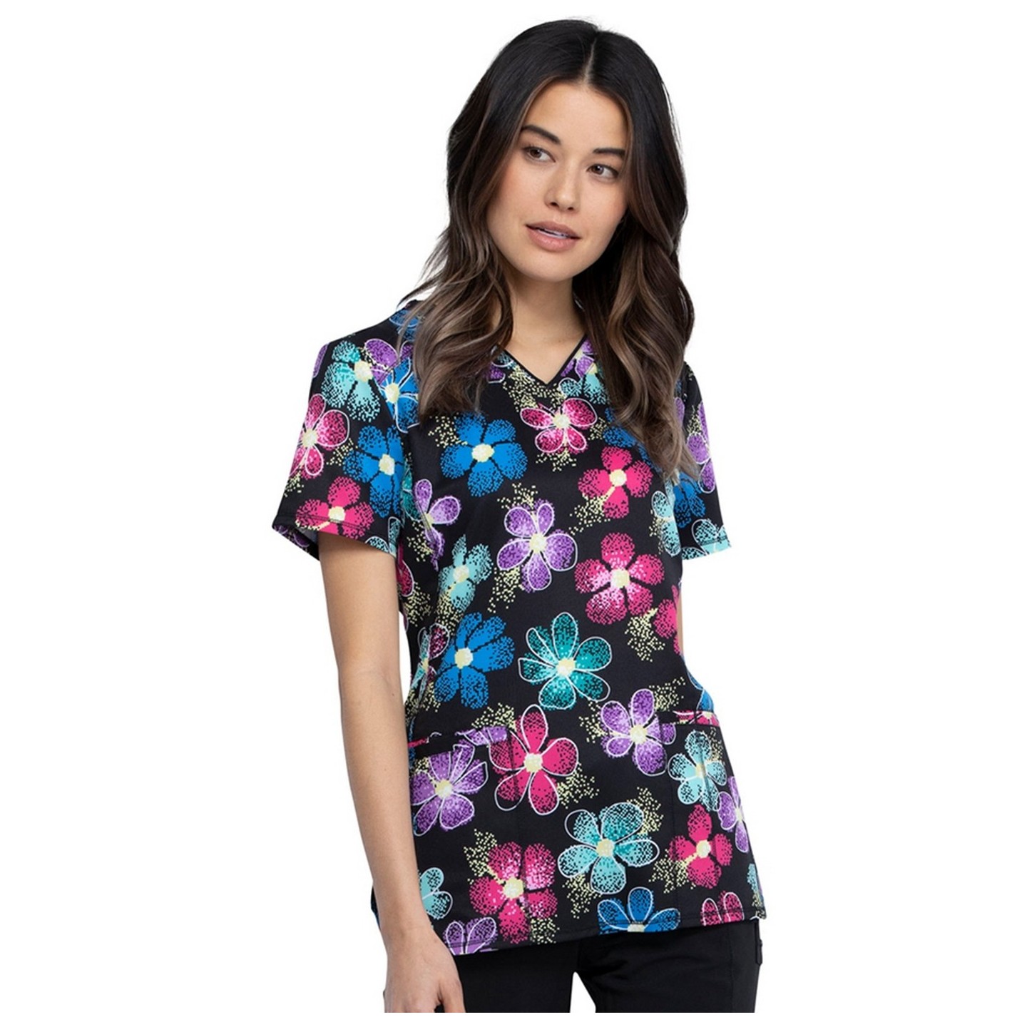 *VENTE FINALE CK634 Top imprimé col V en Digital Daisy - Cherokee Infinity - Antimicrobien