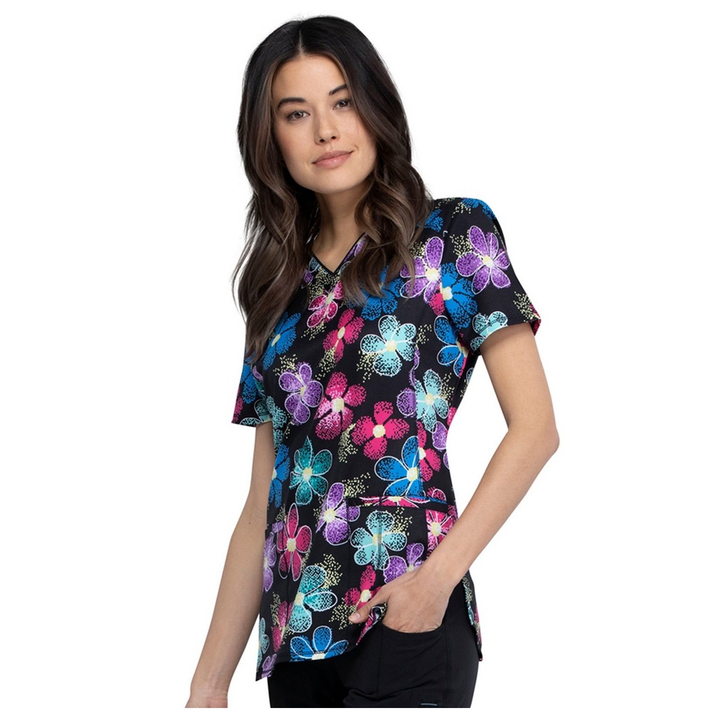 *FINAL SALE CK634 V-Neck Print Top in Digital Daisy - Cherokee Infinity - Antimicrobial