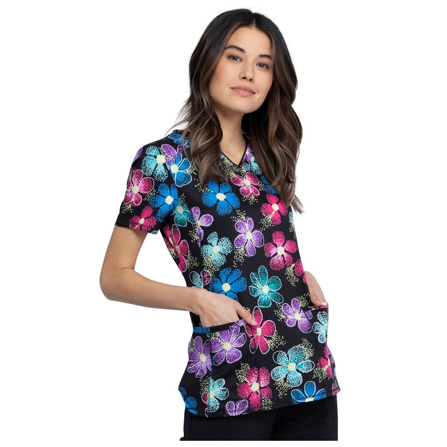 *VENTE FINALE CK634 Top imprimé col V en Digital Daisy - Cherokee Infinity - Antimicrobien