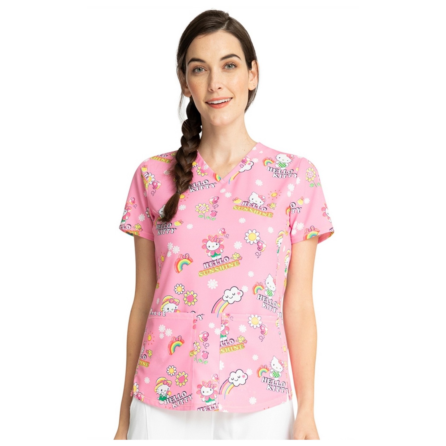 *FINAL SALE TF770 Cherokee Licensed V-Neck Print Top in Hello Kitty Sunshine