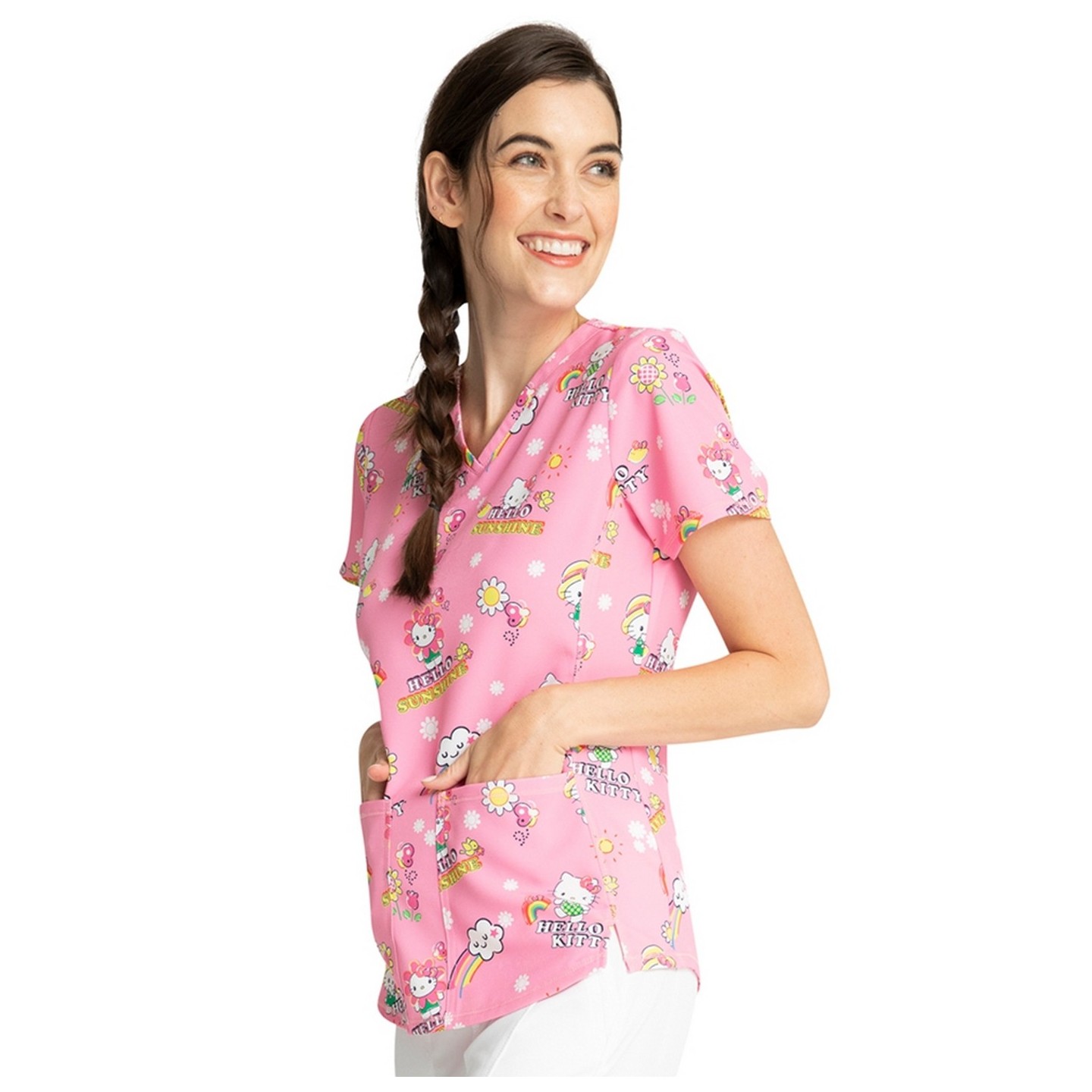 *FINAL SALE TF770 Cherokee Licensed V-Neck Print Top in Hello Kitty Sunshine