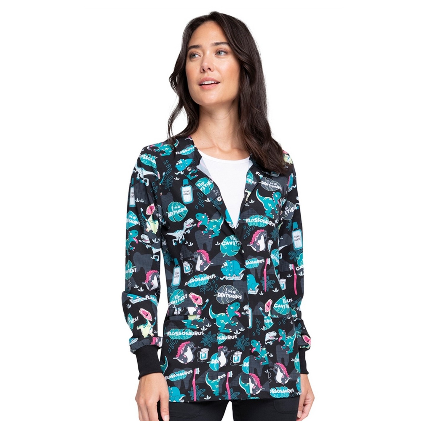 *FINAL SALE CK321 Cherokee Prints Snap Front Print Warm-up Jacket in I'm A Dentisaurus