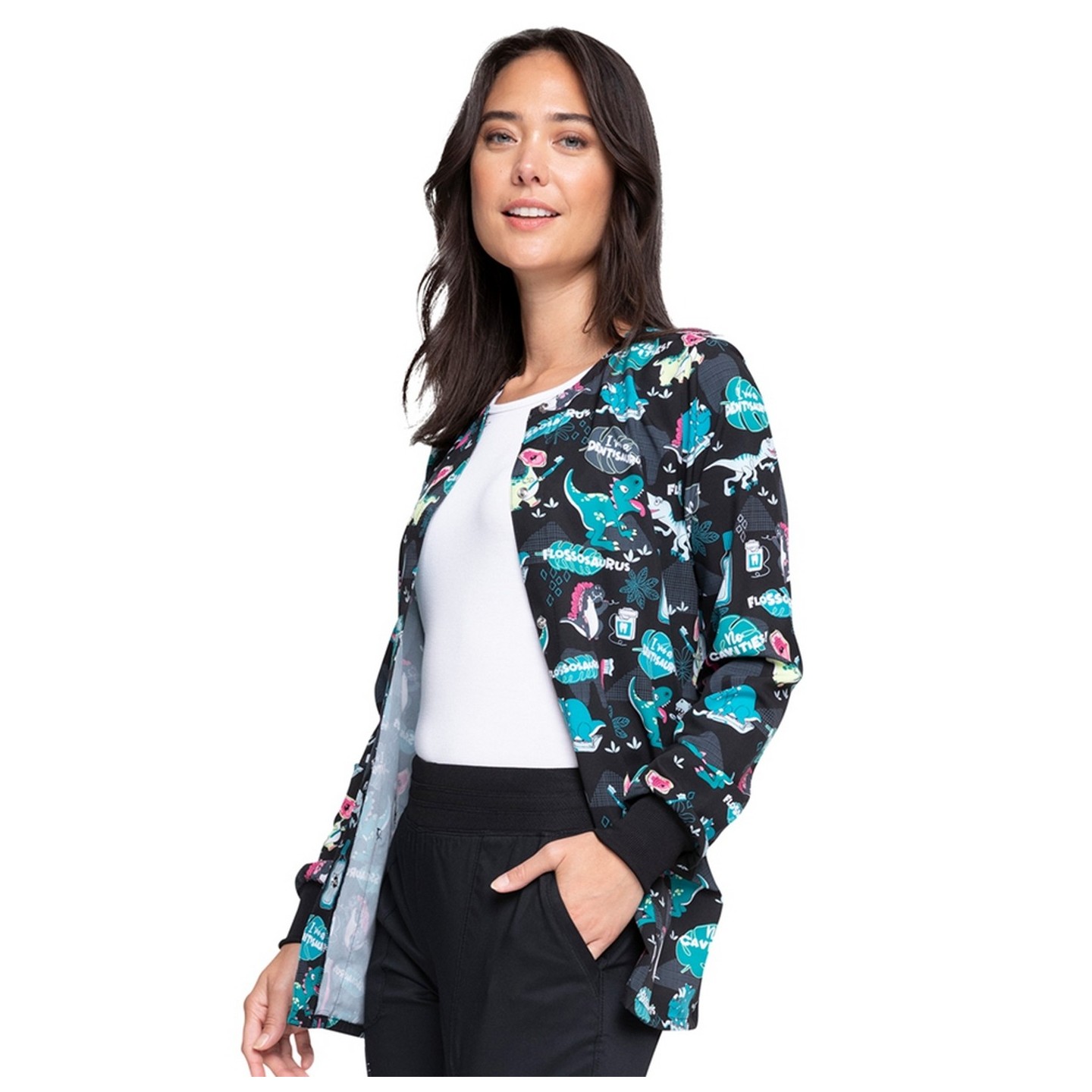 *FINAL SALE CK321 Cherokee Prints Snap Front Print Warm-up Jacket in I'm A Dentisaurus