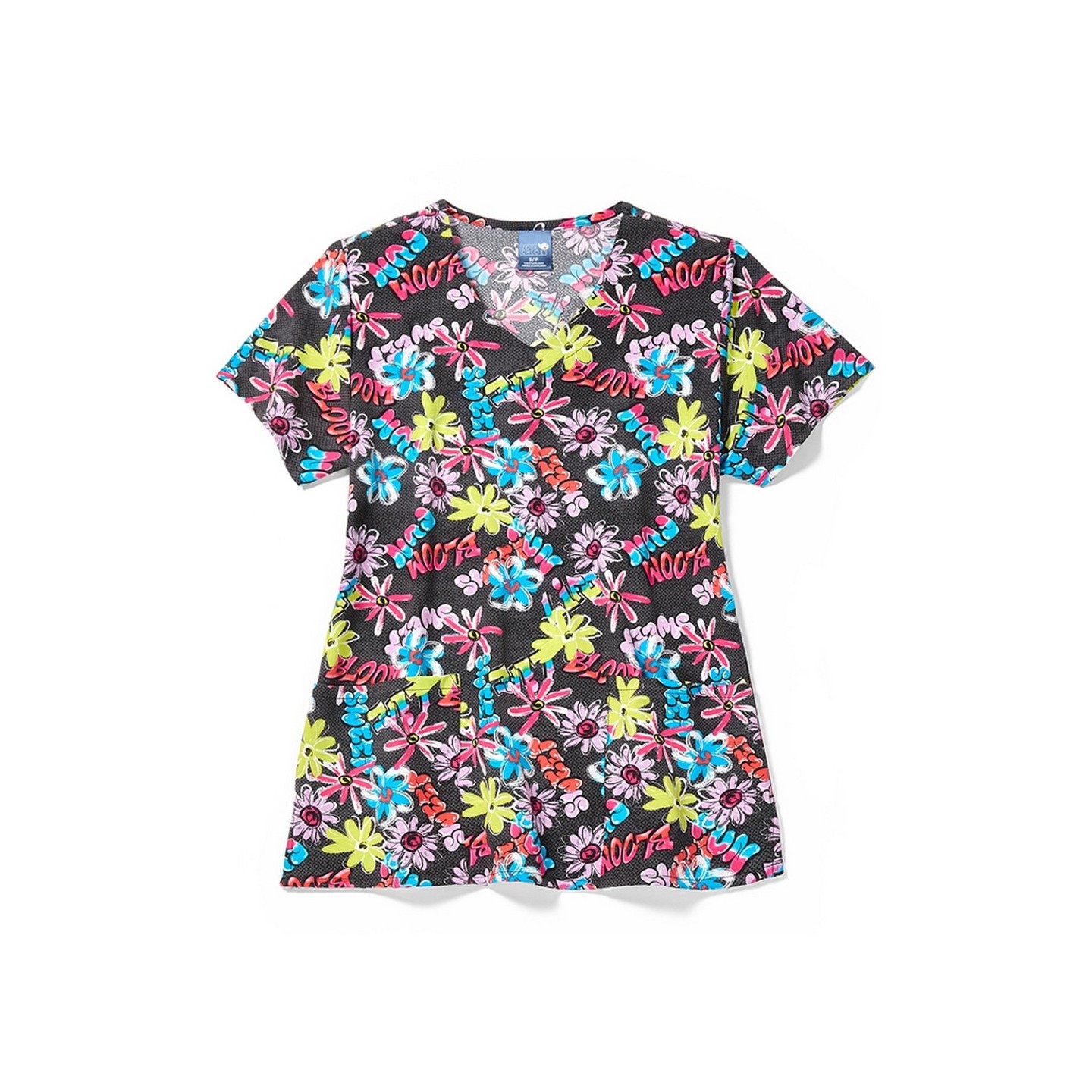 Z12213 Zoe + Chloe Curved V-neck Print Scrub Top - Bloom Boom