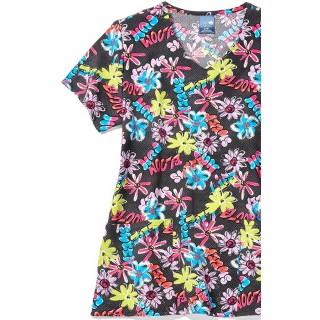 Z12213 Zoe + Chloe Curved V-neck Print Scrub Top - Bloom Boom