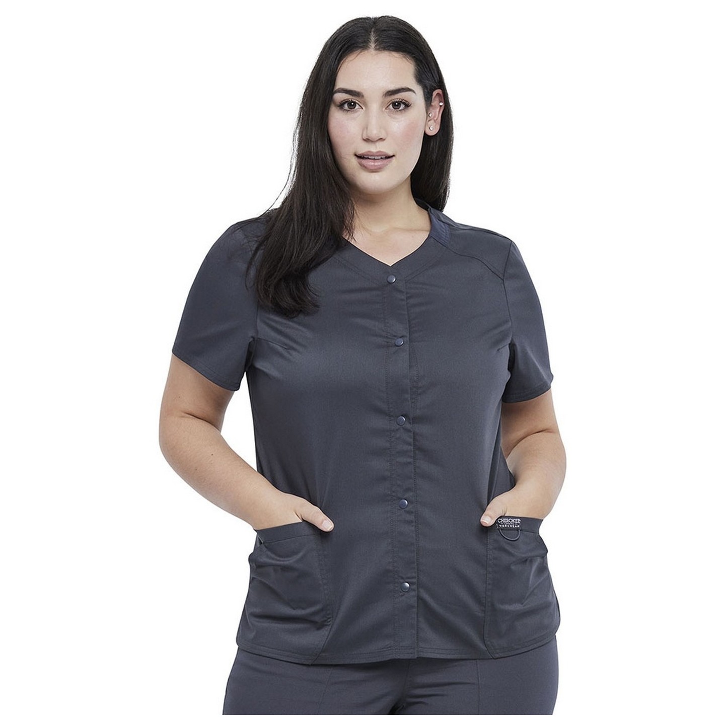 WW622 Workwear Revolution Snap Front V-Neck Top by Cherokee