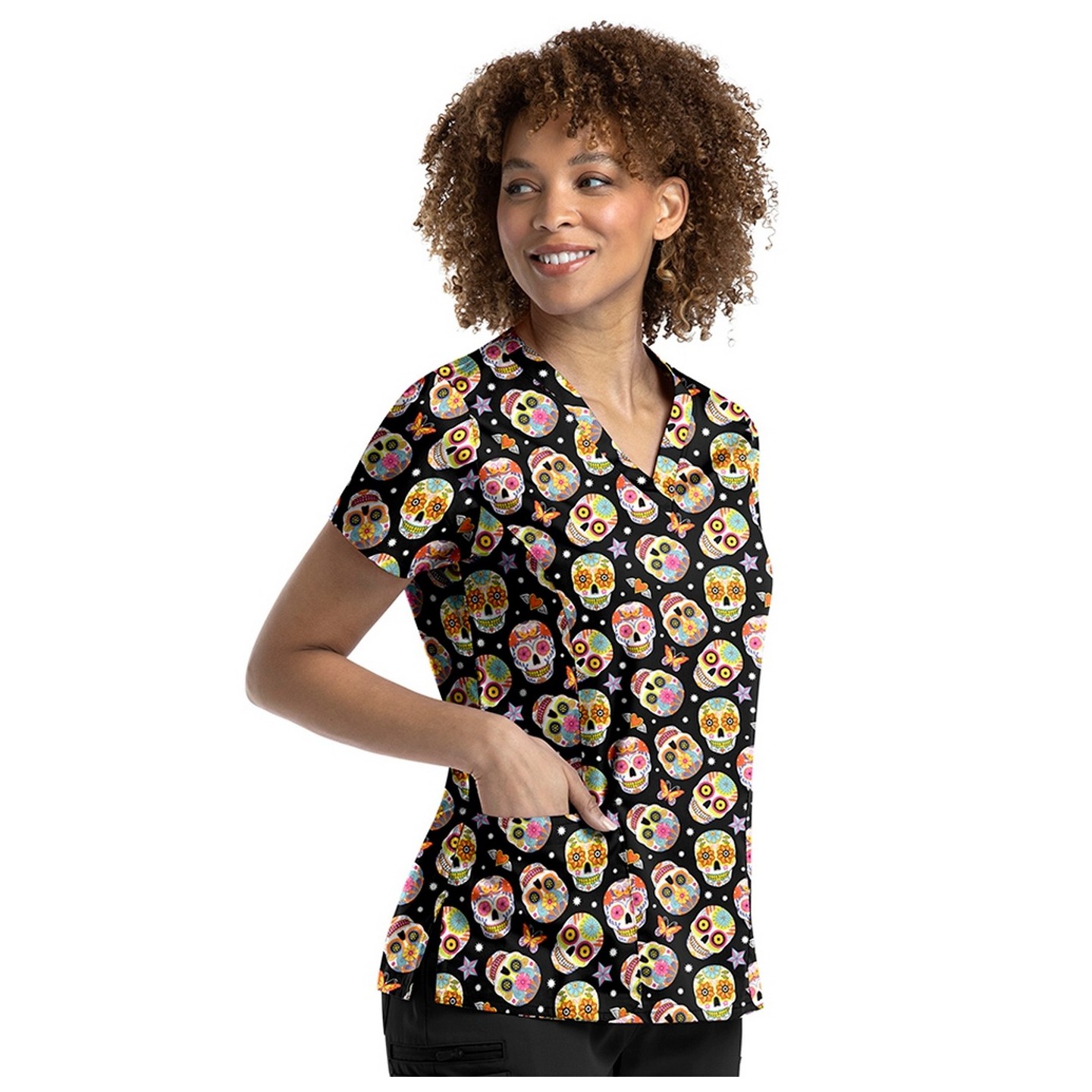9810 Maevn Women's Printed V-Neck Top - Sugar Skull Dreams