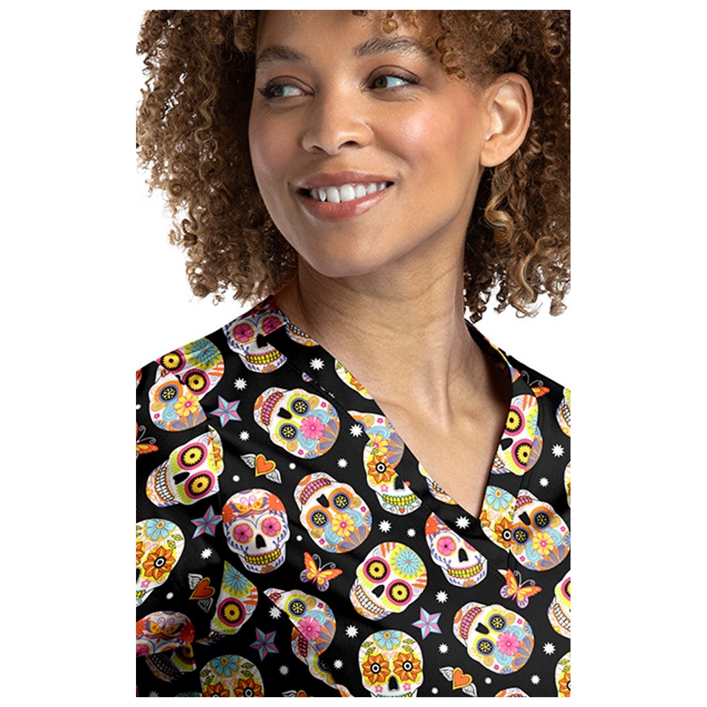 9810 Maevn Women's Printed V-Neck Top - Sugar Skull Dreams