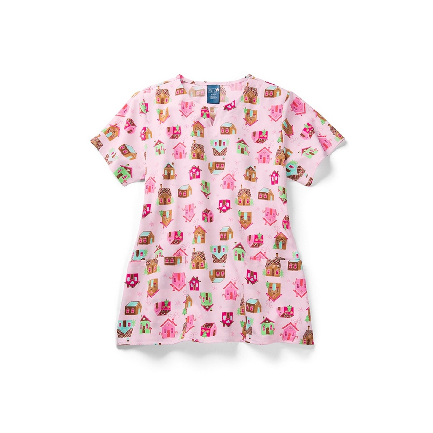 Z16213 Zoe + Chloe Notch Neck Print Scrub Tops - Snow Place Like Home