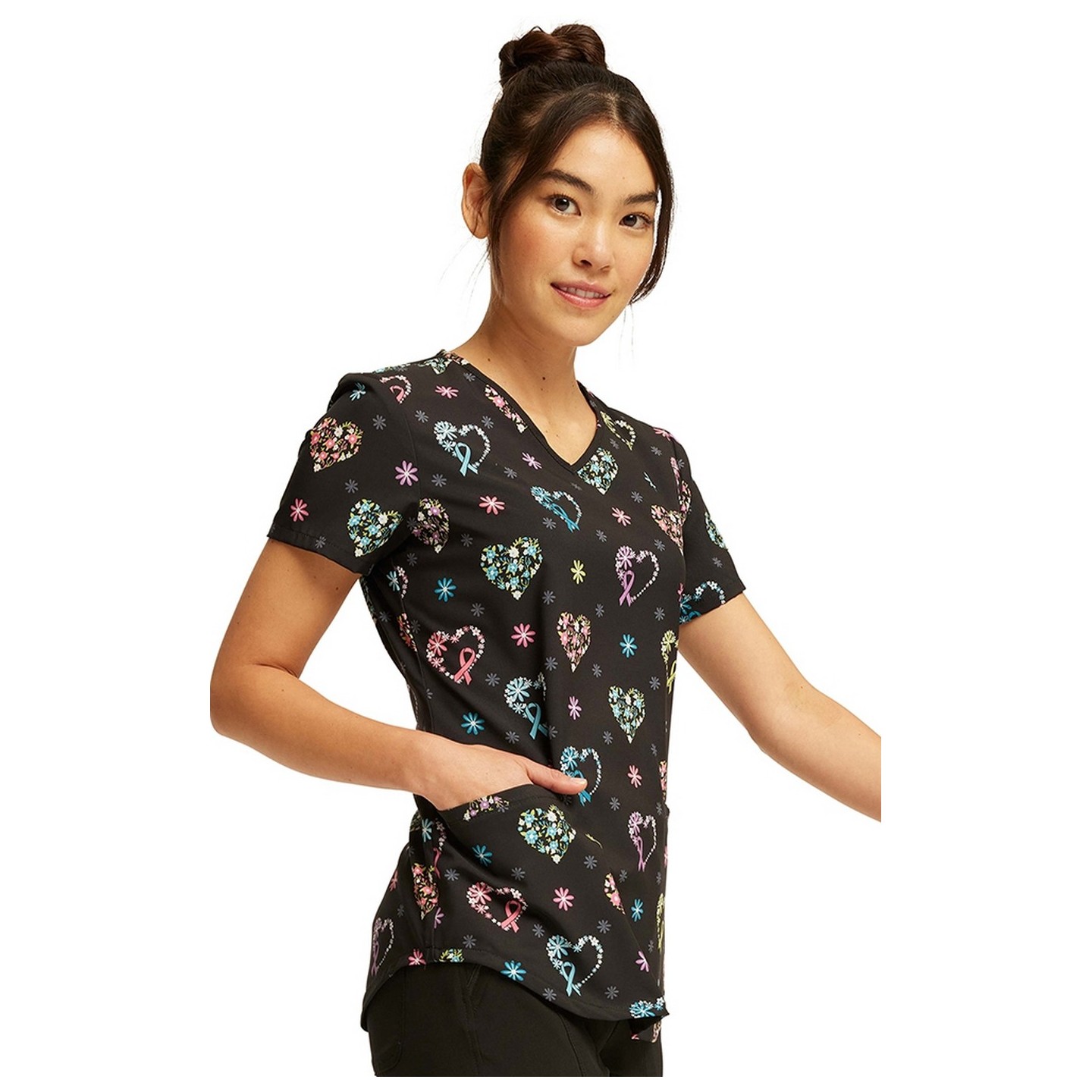 CK637 Cherokee V-Neck 2 Pocket Print Top - Care Flor-All