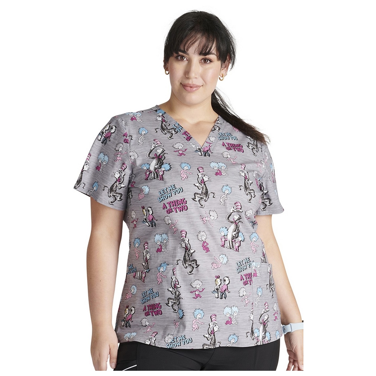TF738 Tooniforms V-Neck 2 Pocket Print Top by Cherokee Uniforms - A Thing or Two 