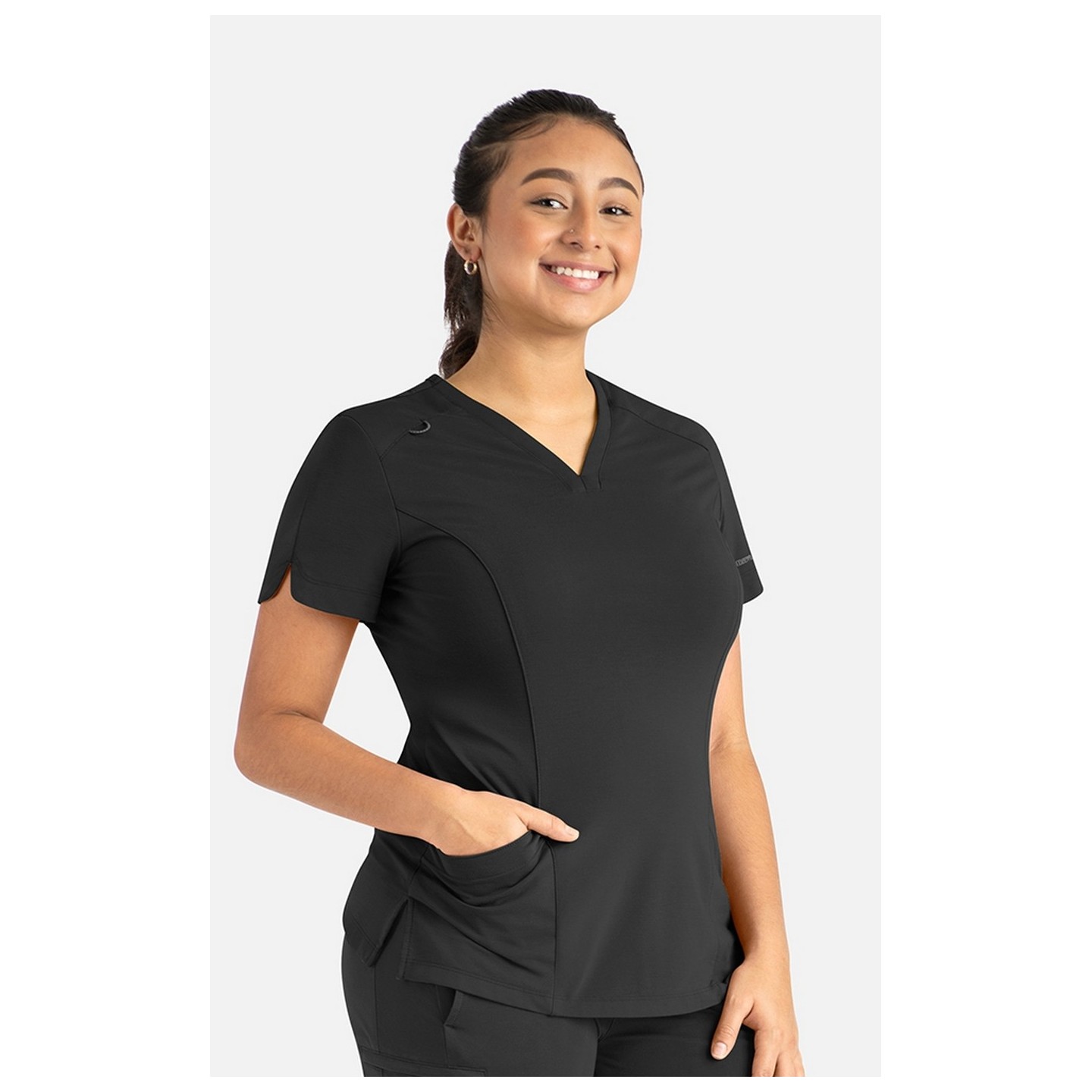 20302 Focus V-Neck Petal Back Hemline Top by Maevn 