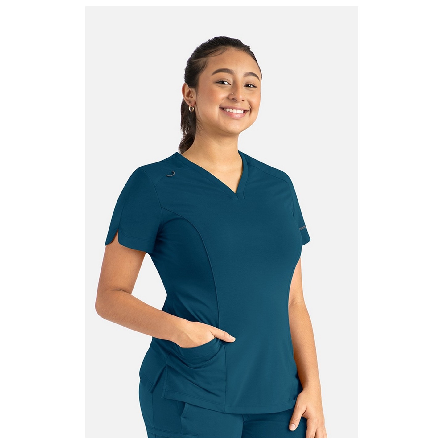 20302 Focus V-Neck Petal Back Hemline Top by Maevn 