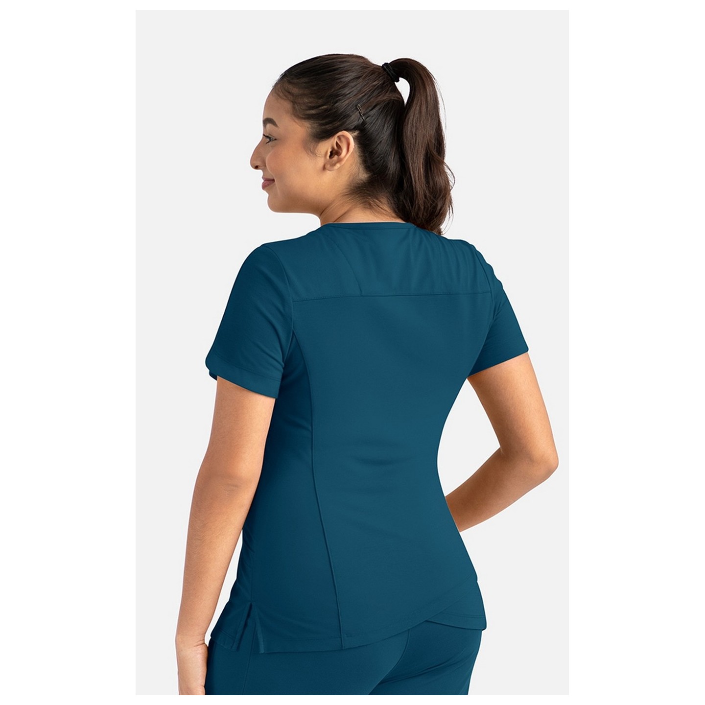 20302 Focus V-Neck Petal Back Hemline Top by Maevn 