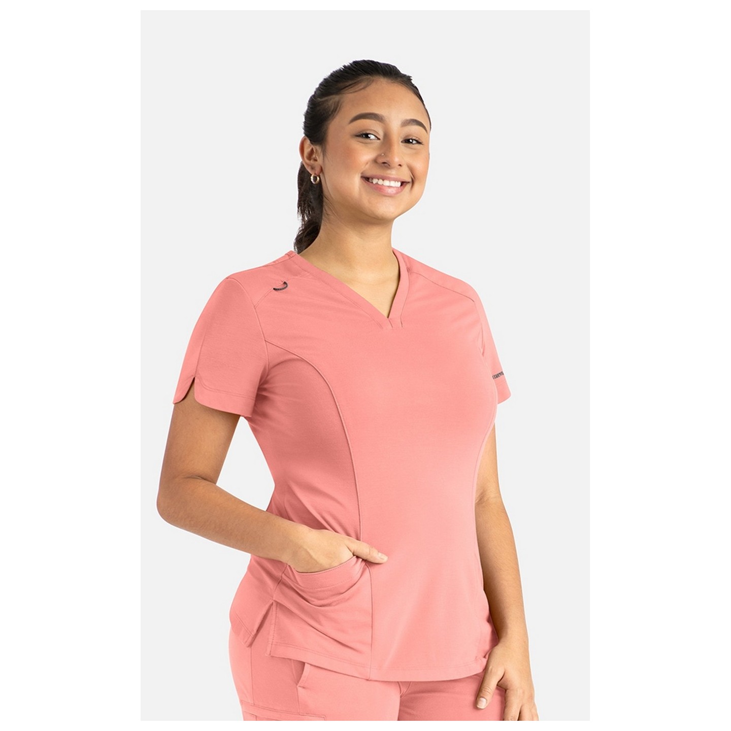 20302 Focus V-Neck Petal Back Hemline Top by Maevn 