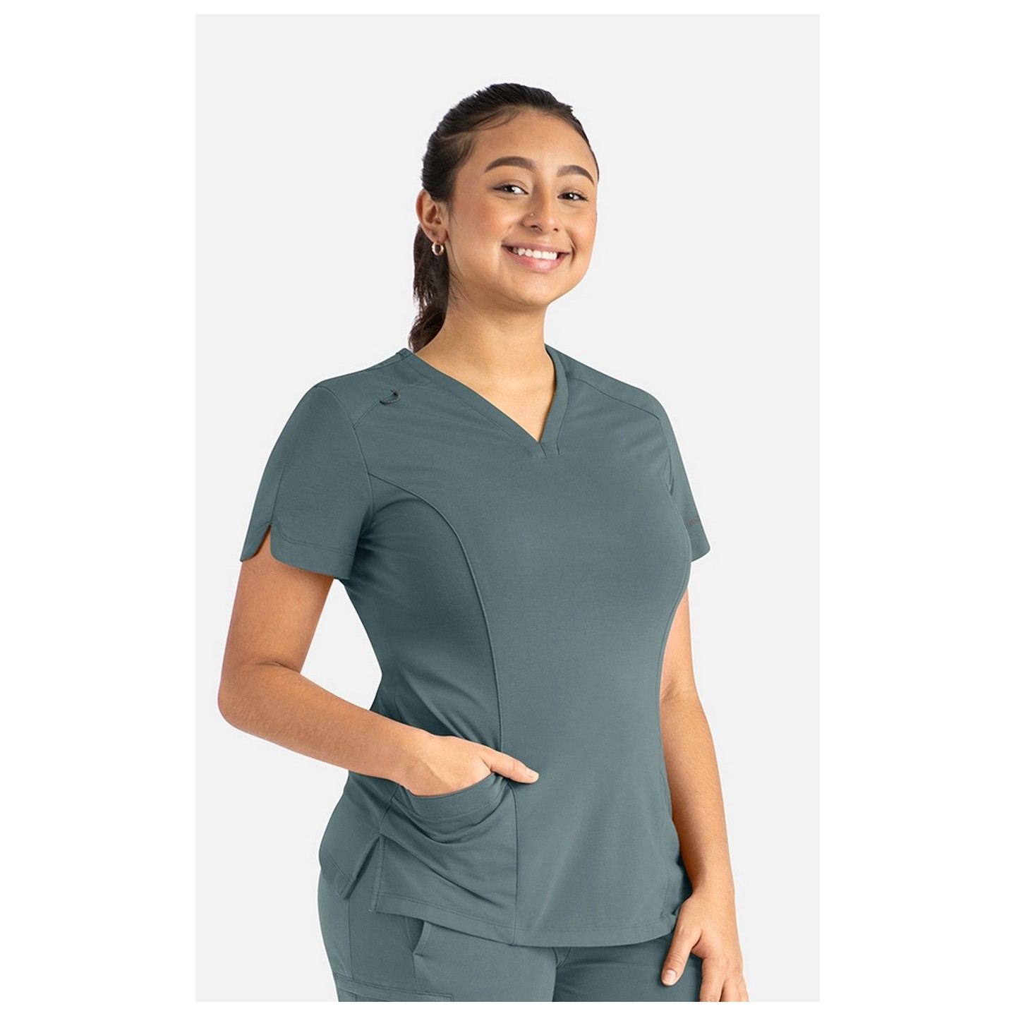 20302 Focus V-Neck Petal Back Hemline Top by Maevn 