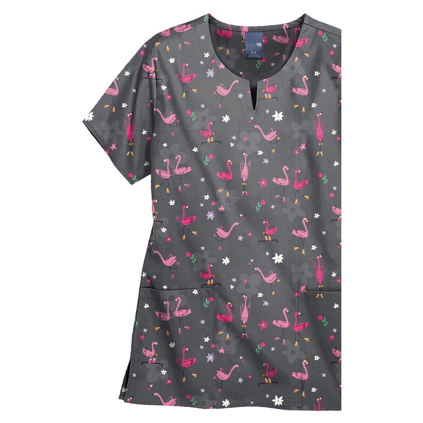 Z16213 Zoe + Chloe Notch Neck Print Scrub Tops - Let's Roll