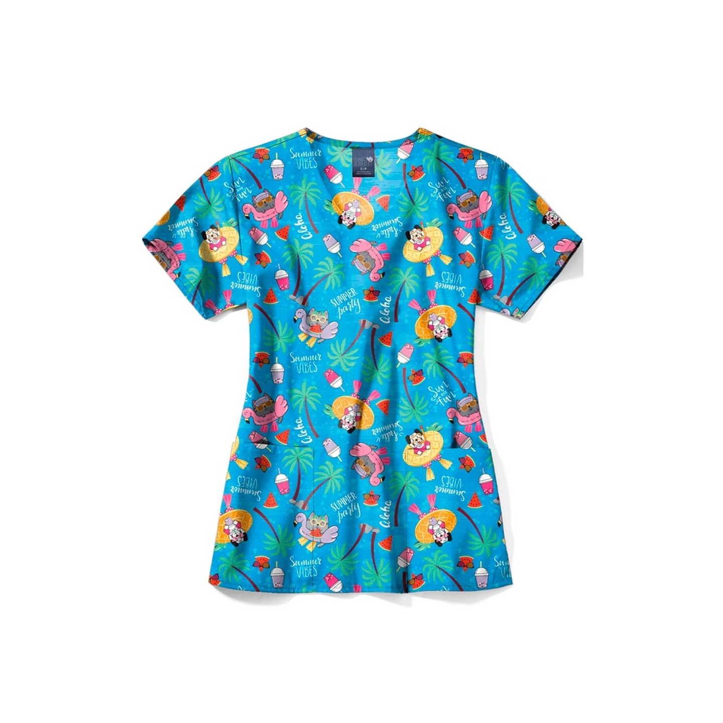Z12213 Zoe + Chloe Curved V-neck Print Scrub Top - Playcation