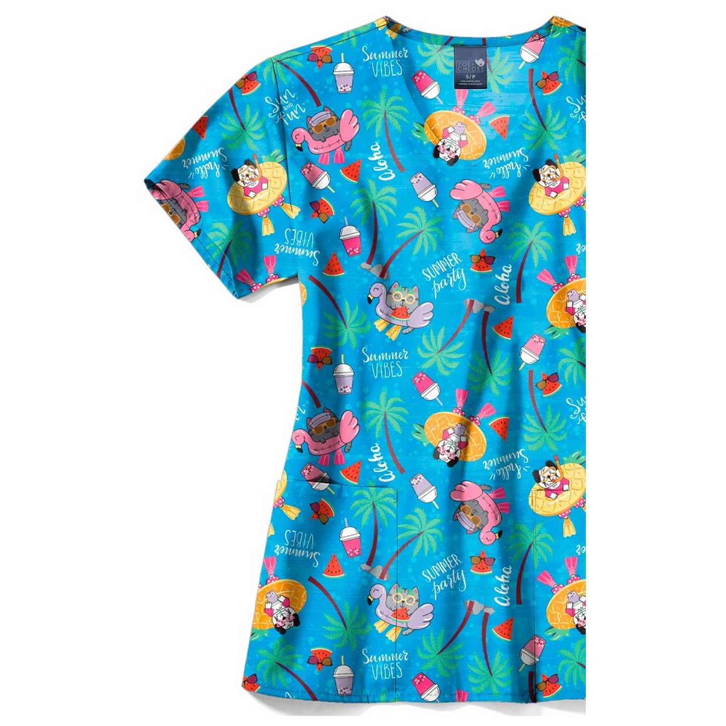 Z12213 Zoe + Chloe Curved V-neck Print Scrub Top - Playcation