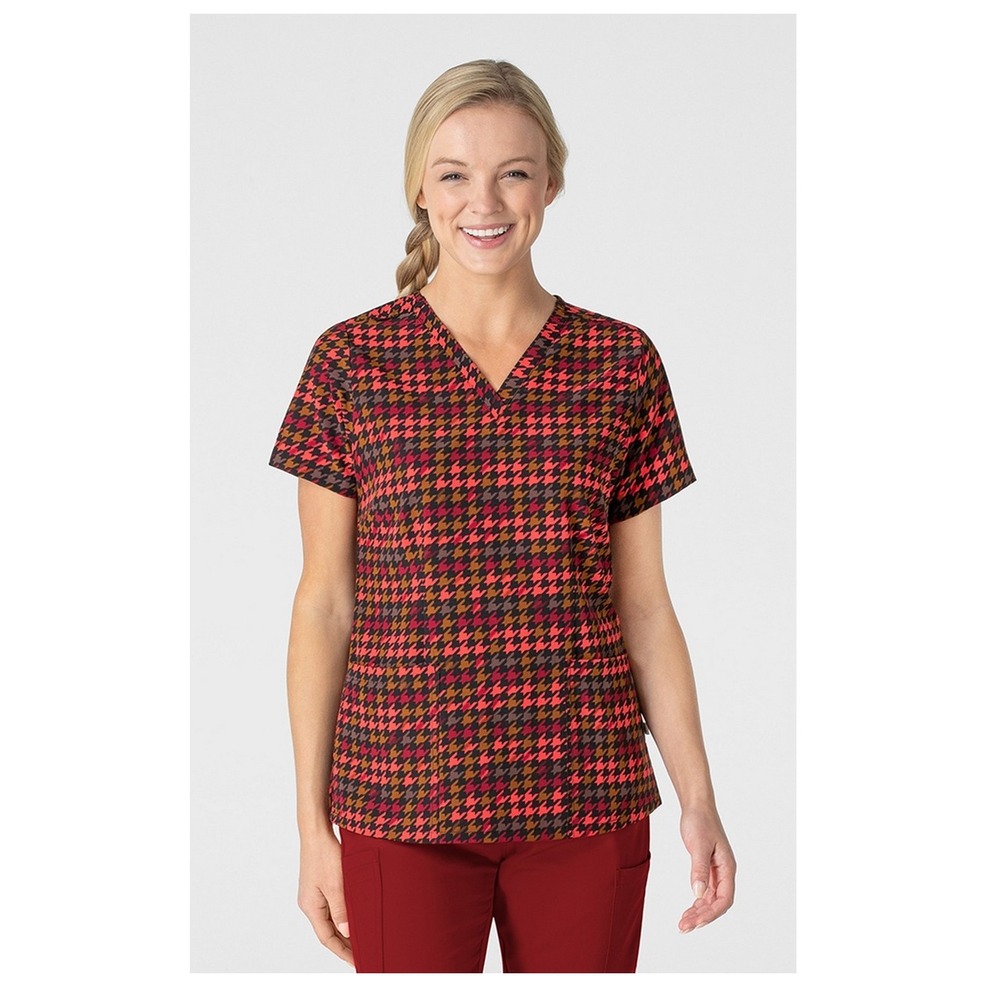 6657 WonderWink Fitted 3-Pocket V-Neck Print Top - Houndstooth Hollow