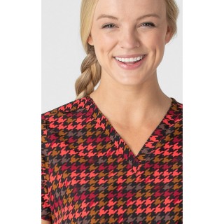 6657 WonderWink Fitted 3-Pocket V-Neck Print Top - Houndstooth Hollow