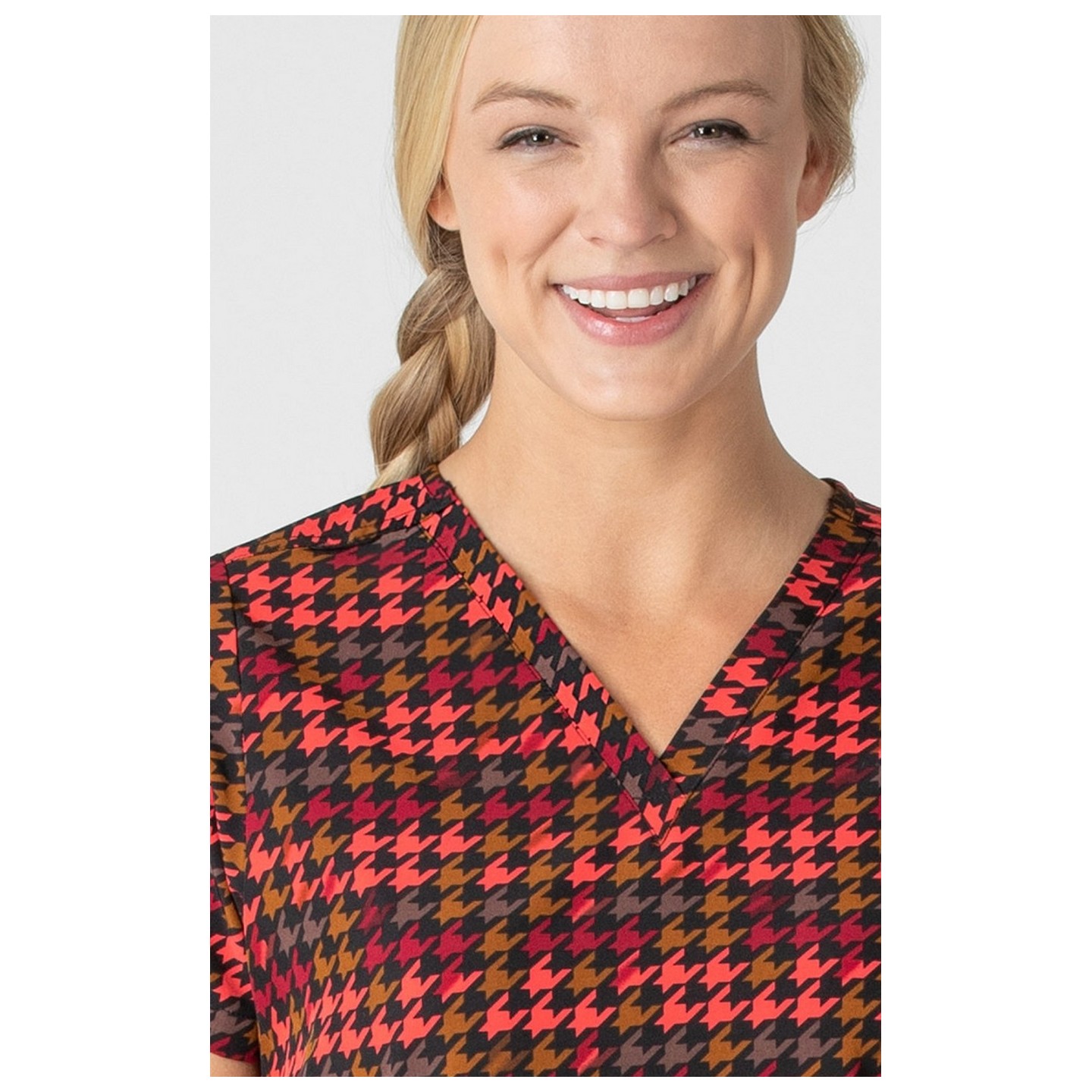 6657 WonderWink Fitted 3-Pocket V-Neck Print Top - Houndstooth Hollow