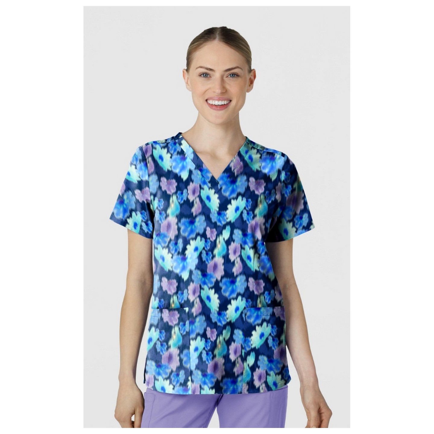6657 WonderWink Fitted 3-Pocket V-Neck Print Top - Flower Meadow