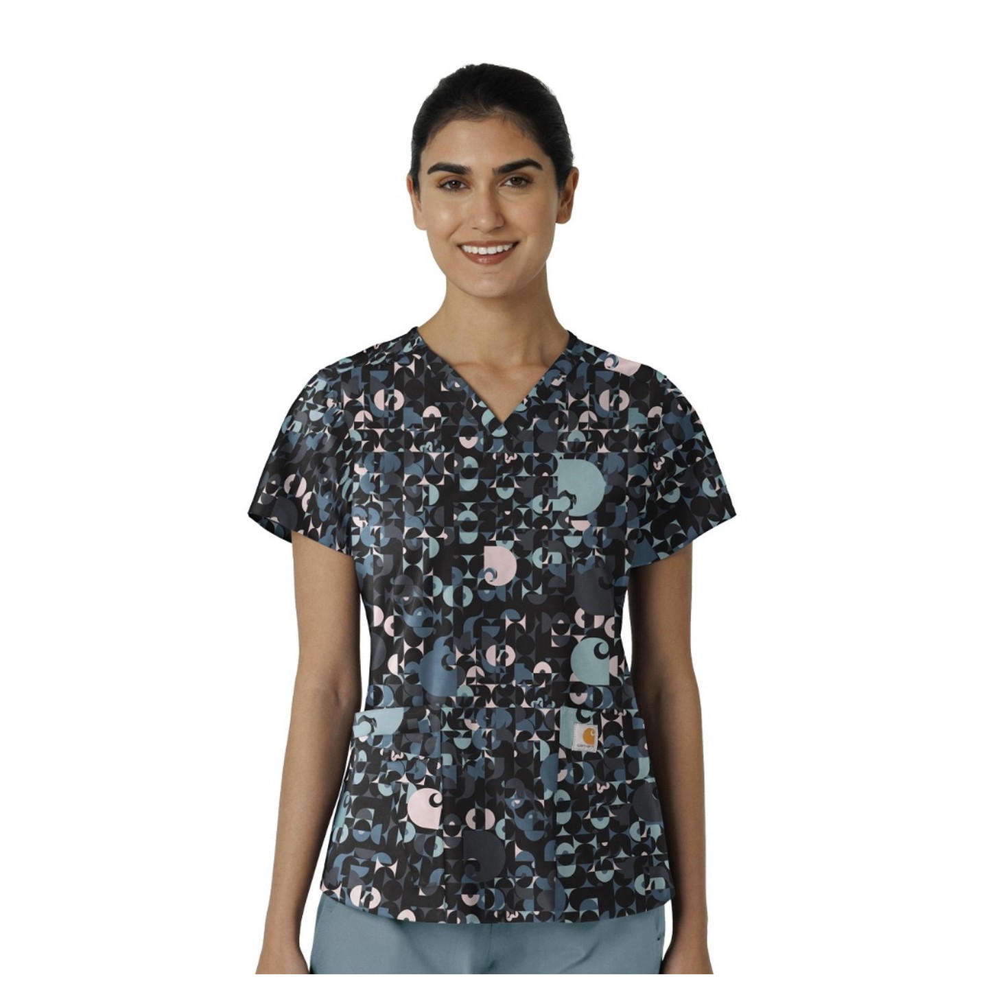 C13414 Carhartt 4 Pocket V-Neck Print Top - Geo Logo Black