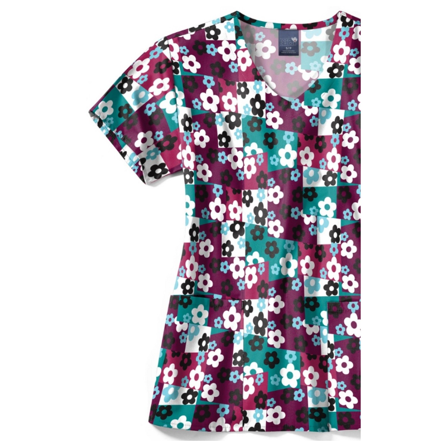 Z12213 Zoe + Chloe Curved V-neck Print Scrub Top - Skater Check Wine