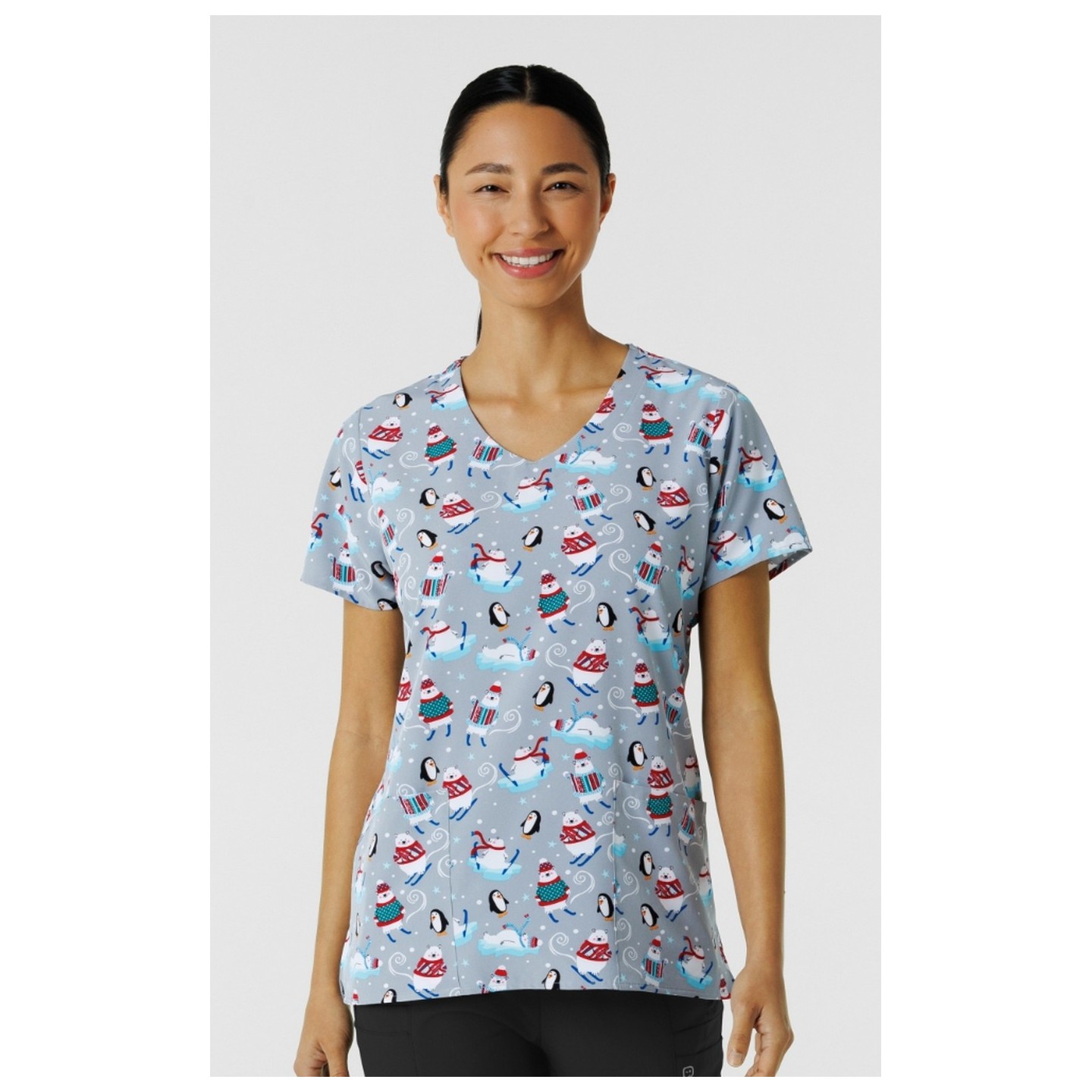 Z12213 Zoe + Chloe Curved V-neck Print Scrub Top - 'Tis the Ski-son