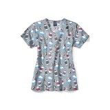 Z12213 Zoe + Chloe Curved V-neck Print Scrub Top - 'Tis the Ski-son