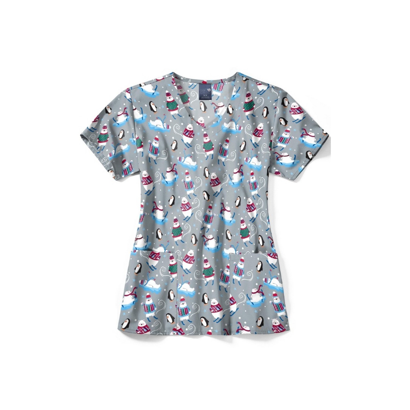 Z12213 Zoe + Chloe Curved V-neck Print Scrub Top - 'Tis the Ski-son