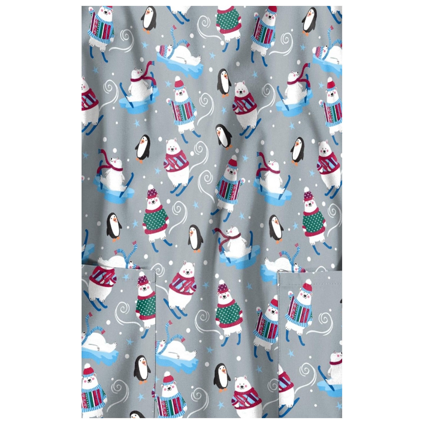 Z12213 Zoe + Chloe Curved V-neck Print Scrub Top - 'Tis the Ski-son