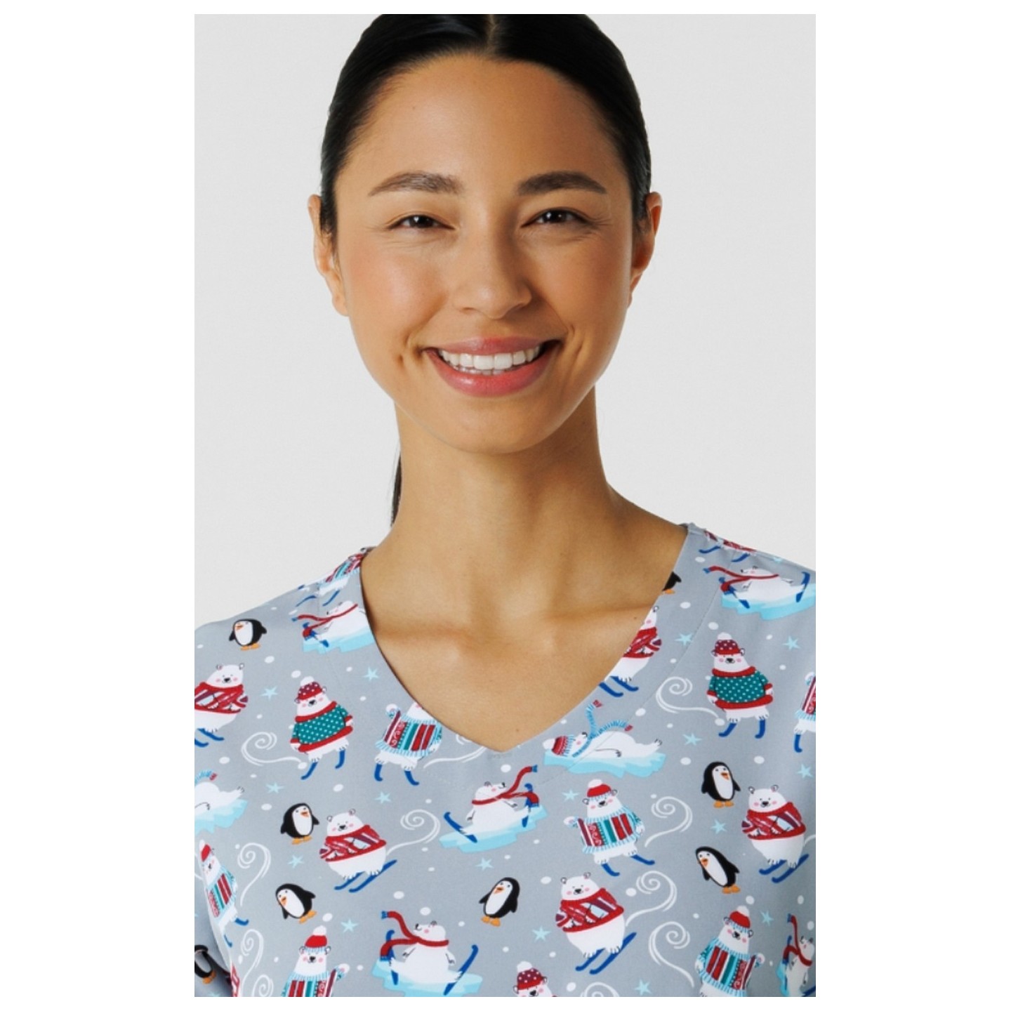 Z12213 Zoe + Chloe Curved V-neck Print Scrub Top - 'Tis the Ski-son