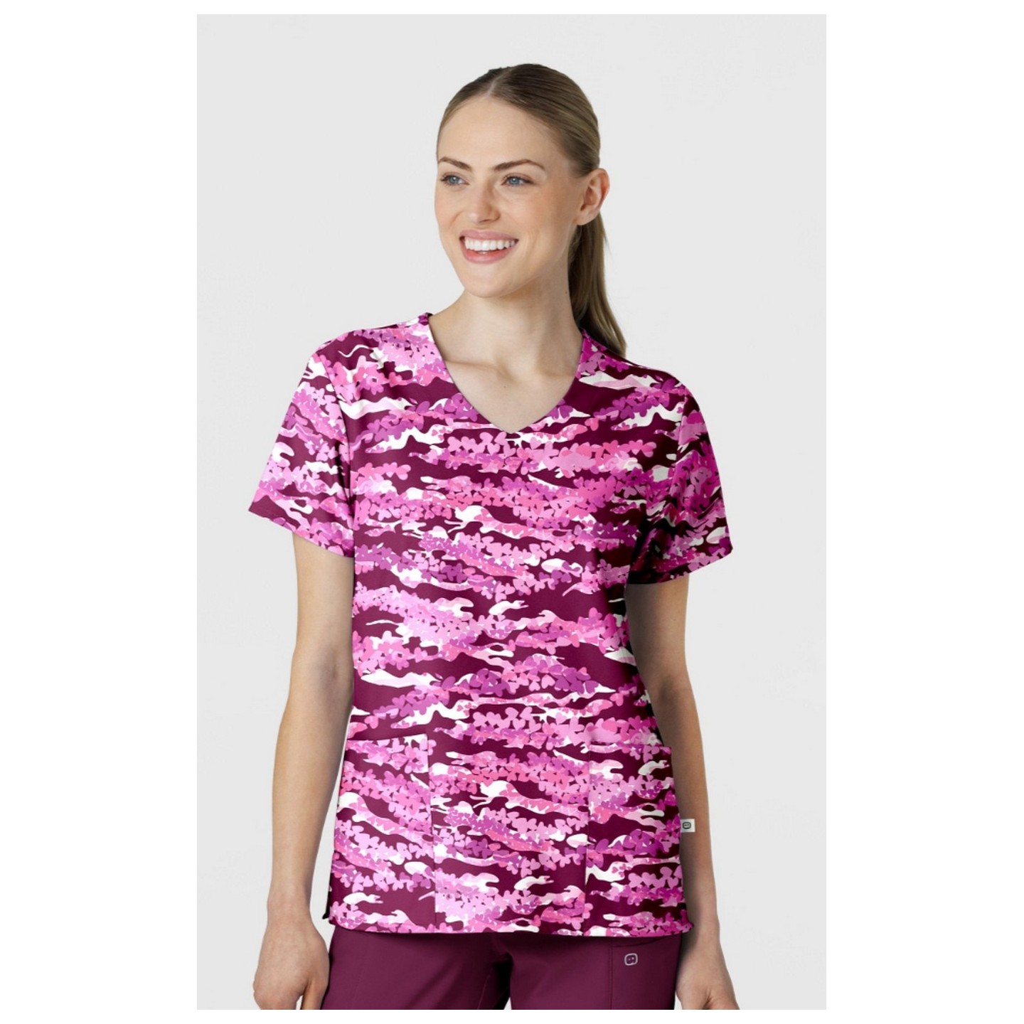 6147 WINK 2 Pocket V-Neck Print Top - Camo Crush