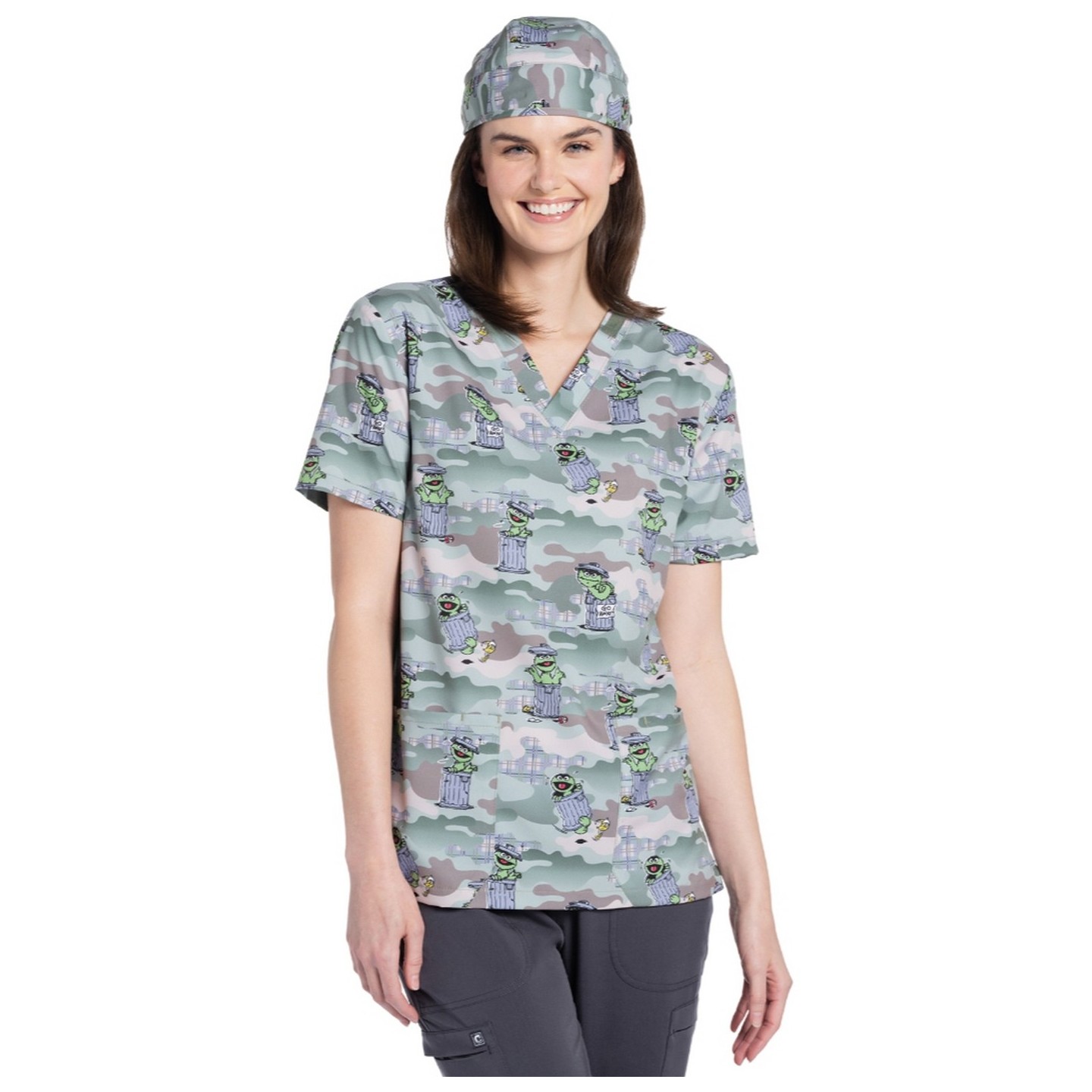 TF728 Tooniforms Unisex Print 2 Pocket V-Neck Top by Cherokee Uniforms - Grouchy Pants