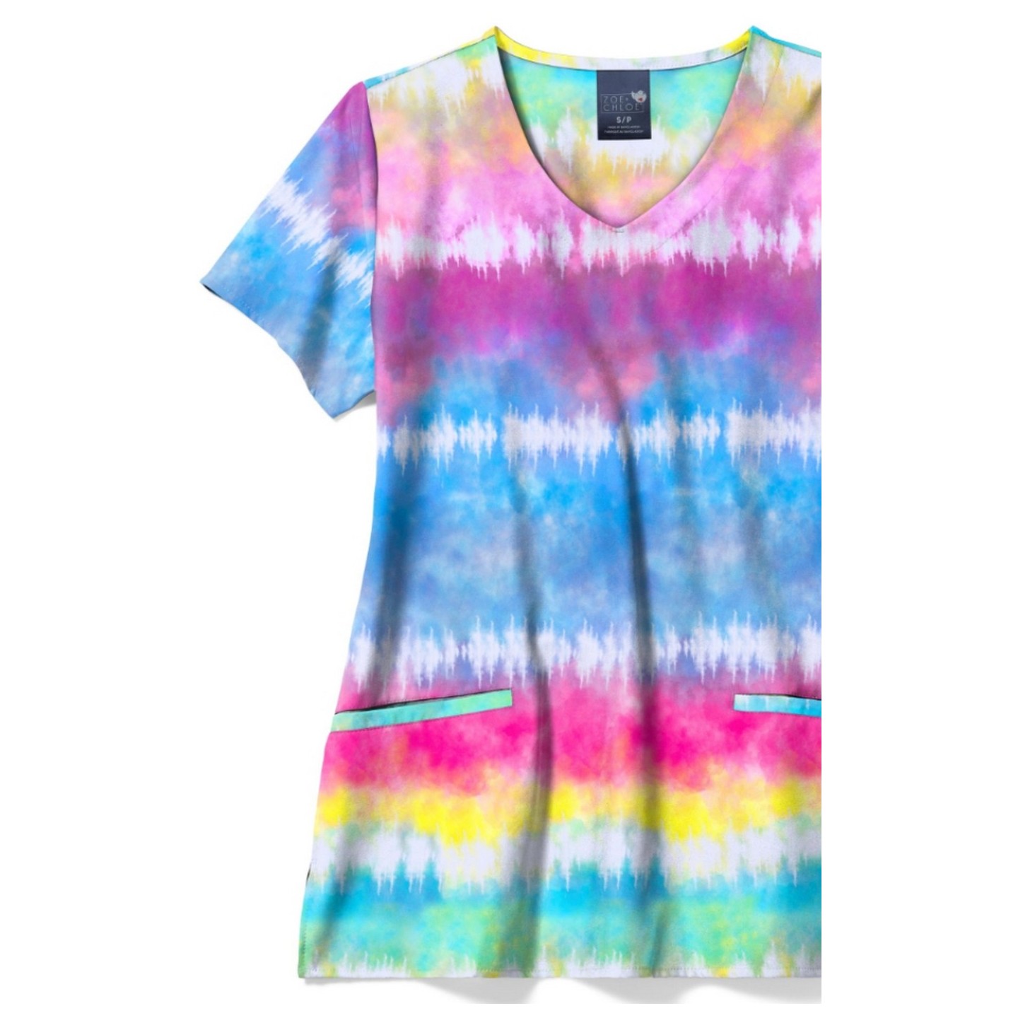 Z18213 Zoe + Chloe Curved V-Neck Print Scrub Top - Chasing Rainbows