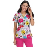 F101PR French Bull by koi Doll V-Neck Print Scrub Top - Delight White