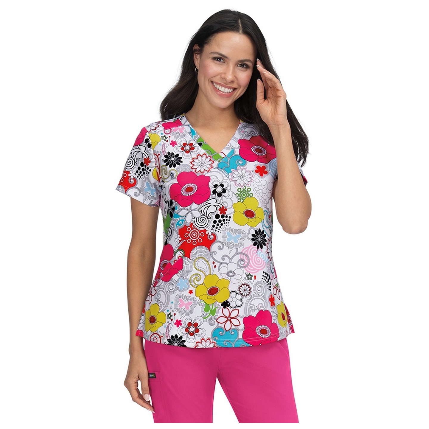 F101PR French Bull by koi Doll V-Neck Print Scrub Top - Delight White