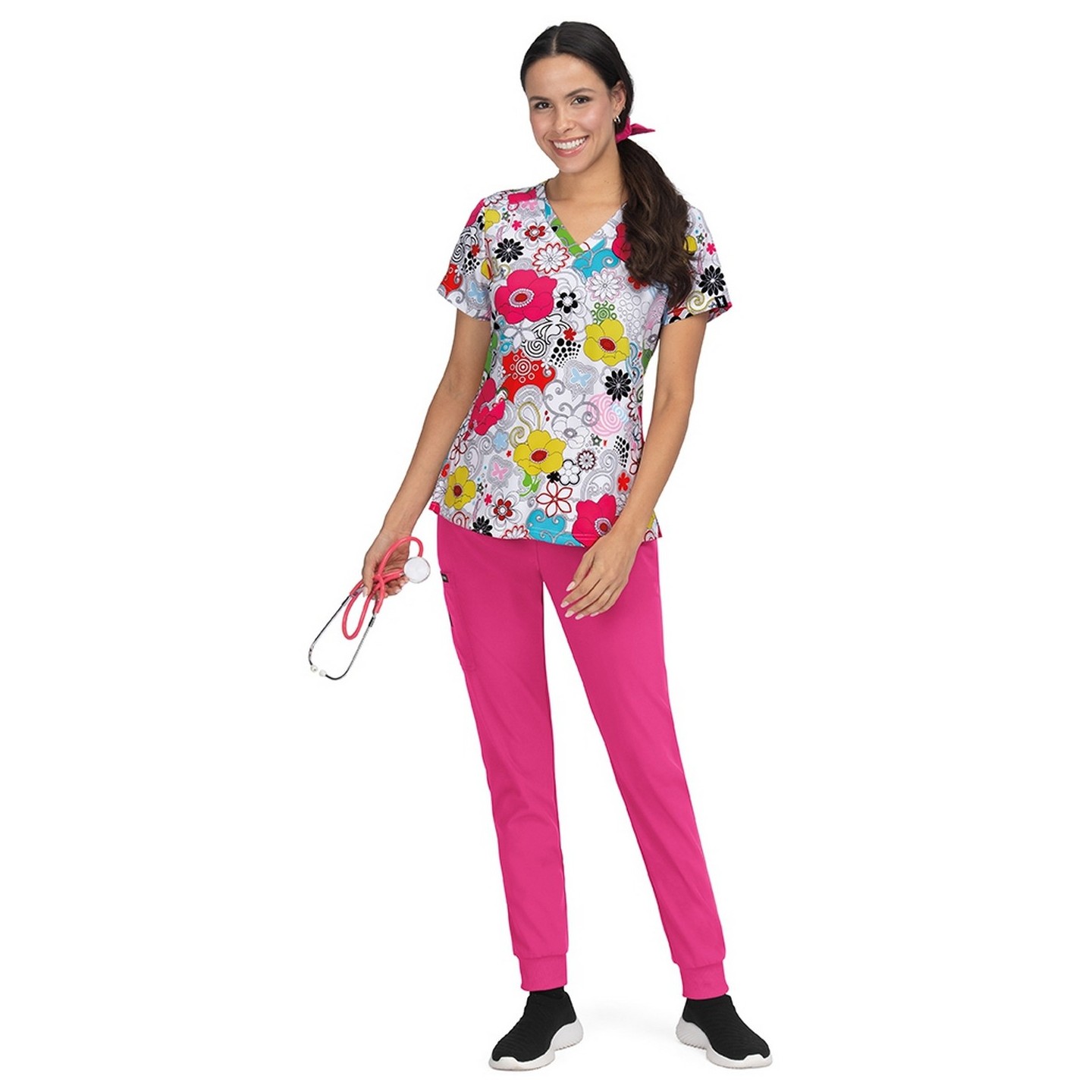 F101PR French Bull by koi Doll V-Neck Print Scrub Top - Delight White