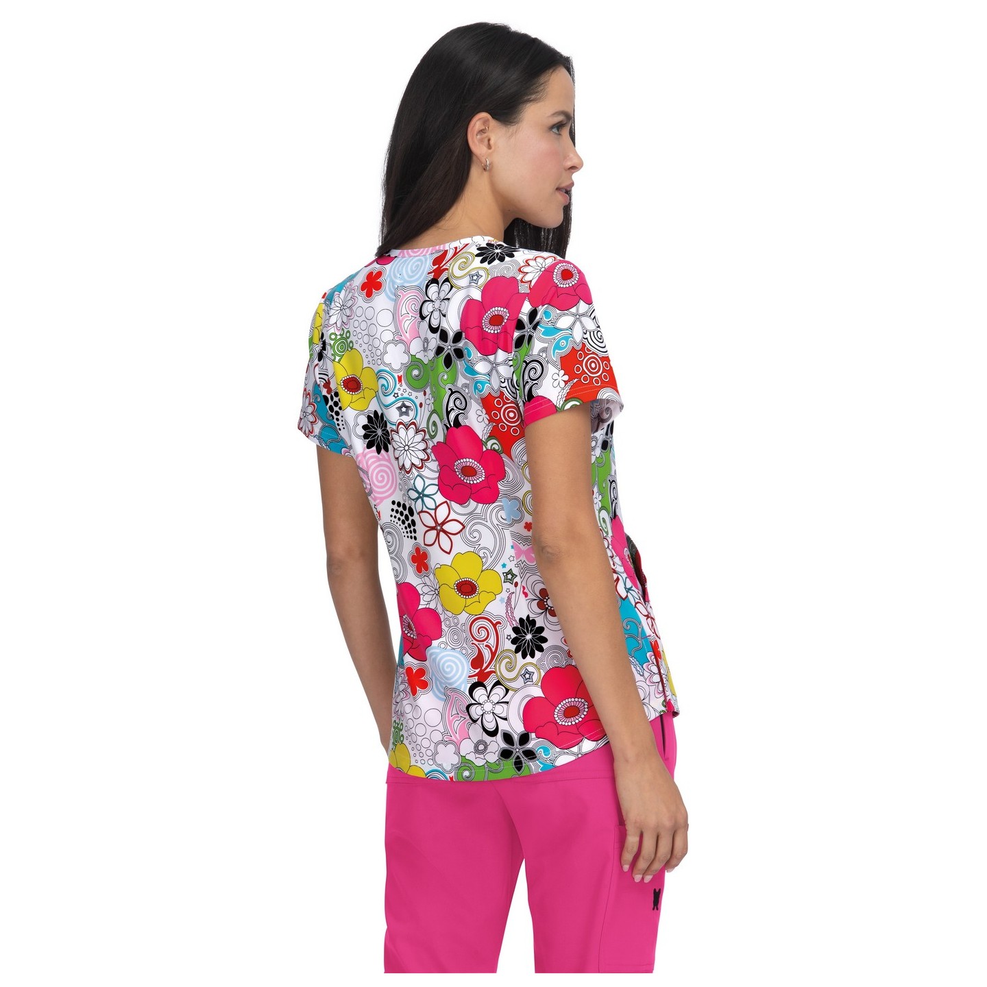 F101PR French Bull by koi Doll V-Neck Print Scrub Top - Delight White