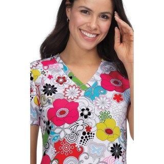 F101PR French Bull by koi Doll V-Neck Print Scrub Top - Delight White